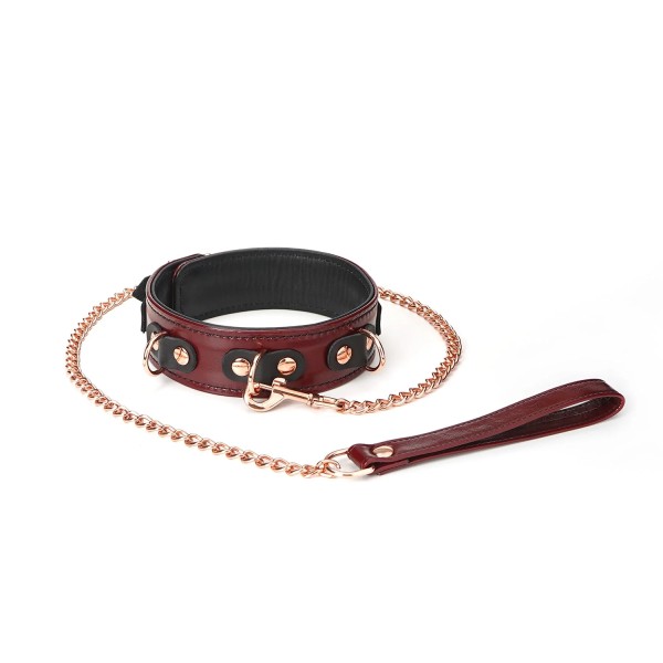 Leather Collar with Chain Leash, Wine Red