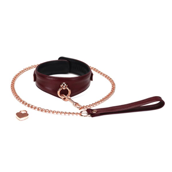 Leather Collar with Chain Leash and Lock, Wine Red